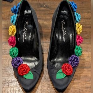 Beverly Feldman Floral Embellished Black Heels 9 Vintage
